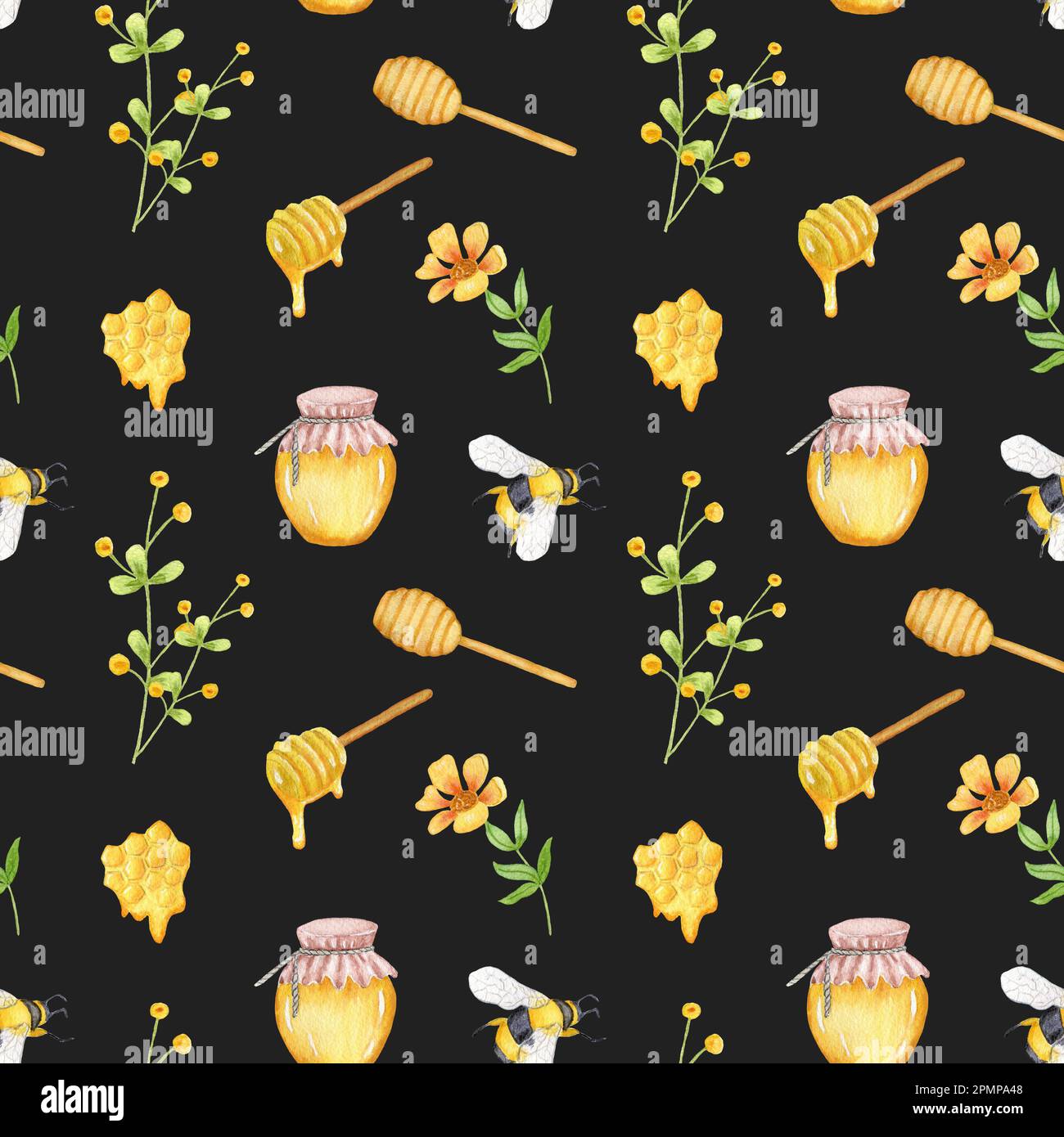 Watercolor seamless pattern with bees, flowers, honey comb, jar and ...