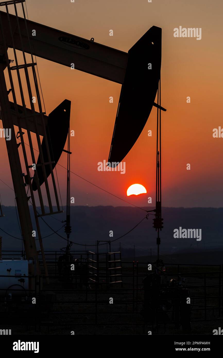 Silhouette of pumpjacks with an orange glowing sky at sunset, West of Airdrie; Alberta, Canada Stock Photo