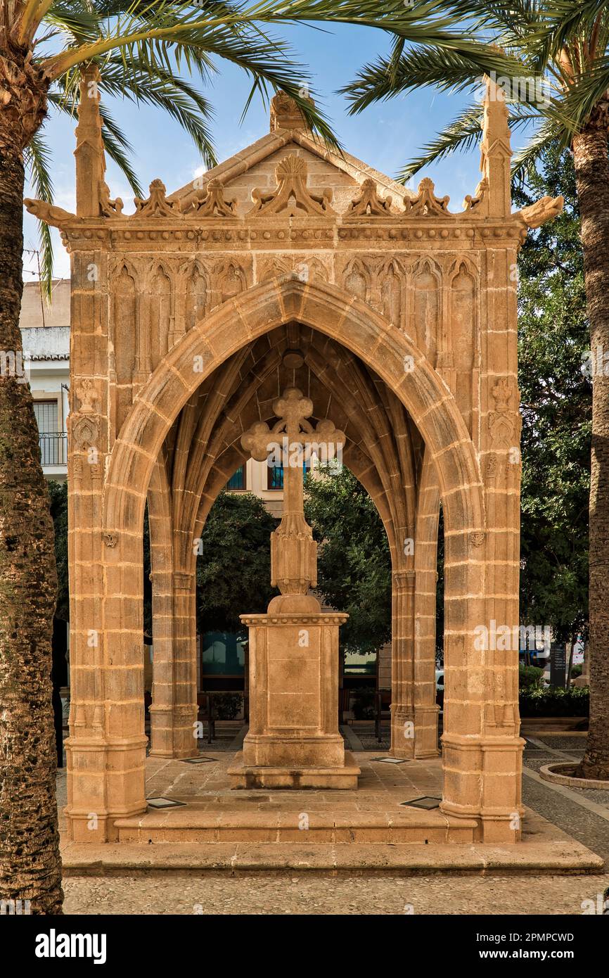 Monument of the Covered Cross in the Marina Alta in the historic center of Xabia. Historical memory where Franco is still present, Javea, Alicante. Stock Photo