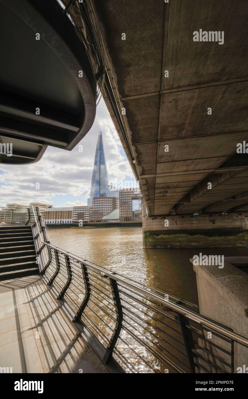 Architectural semi abstract view along the River Thames, London, with the Shard as a focal point. Good sky, high resolution with negative space Stock Photo