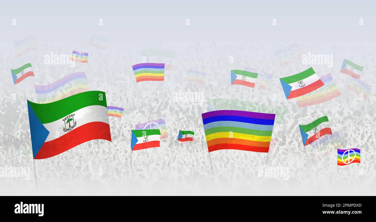 People waving Peace flags and flags of Equatorial Guinea. Illustration of throng celebrating or protesting with flag of Equatorial Guinea and the peac Stock Vector