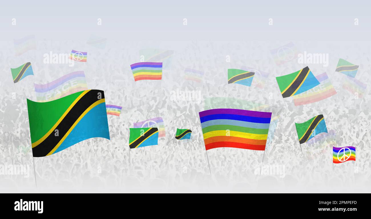 People waving Peace flags and flags of Tanzania. Illustration of throng celebrating or protesting with flag of Tanzania and the peace flag. Vector ill Stock Vector