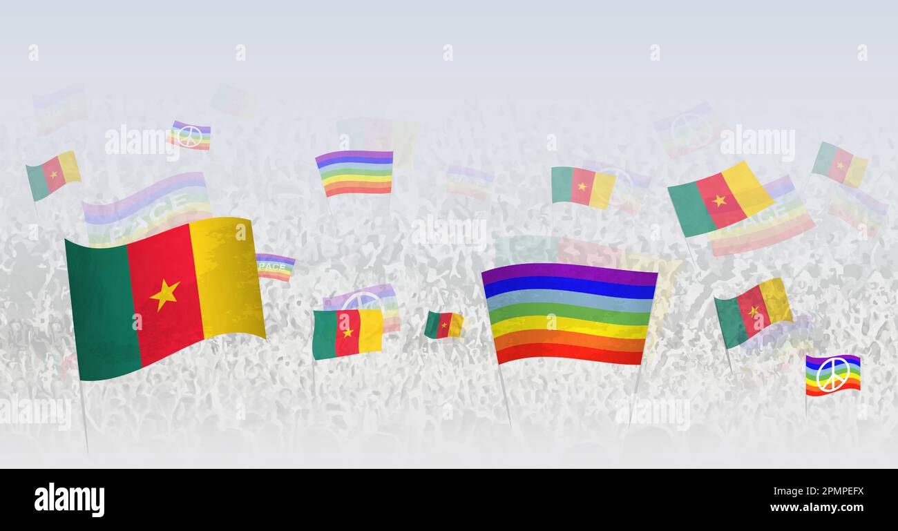 People waving Peace flags and flags of Cameroon. Illustration of throng celebrating or protesting with flag of Cameroon and the peace flag. Vector ill Stock Vector