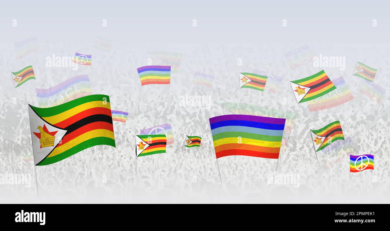 People waving Peace flags and flags of Zimbabwe. Illustration of throng celebrating or protesting with flag of Zimbabwe and the peace flag. Vector ill Stock Vector