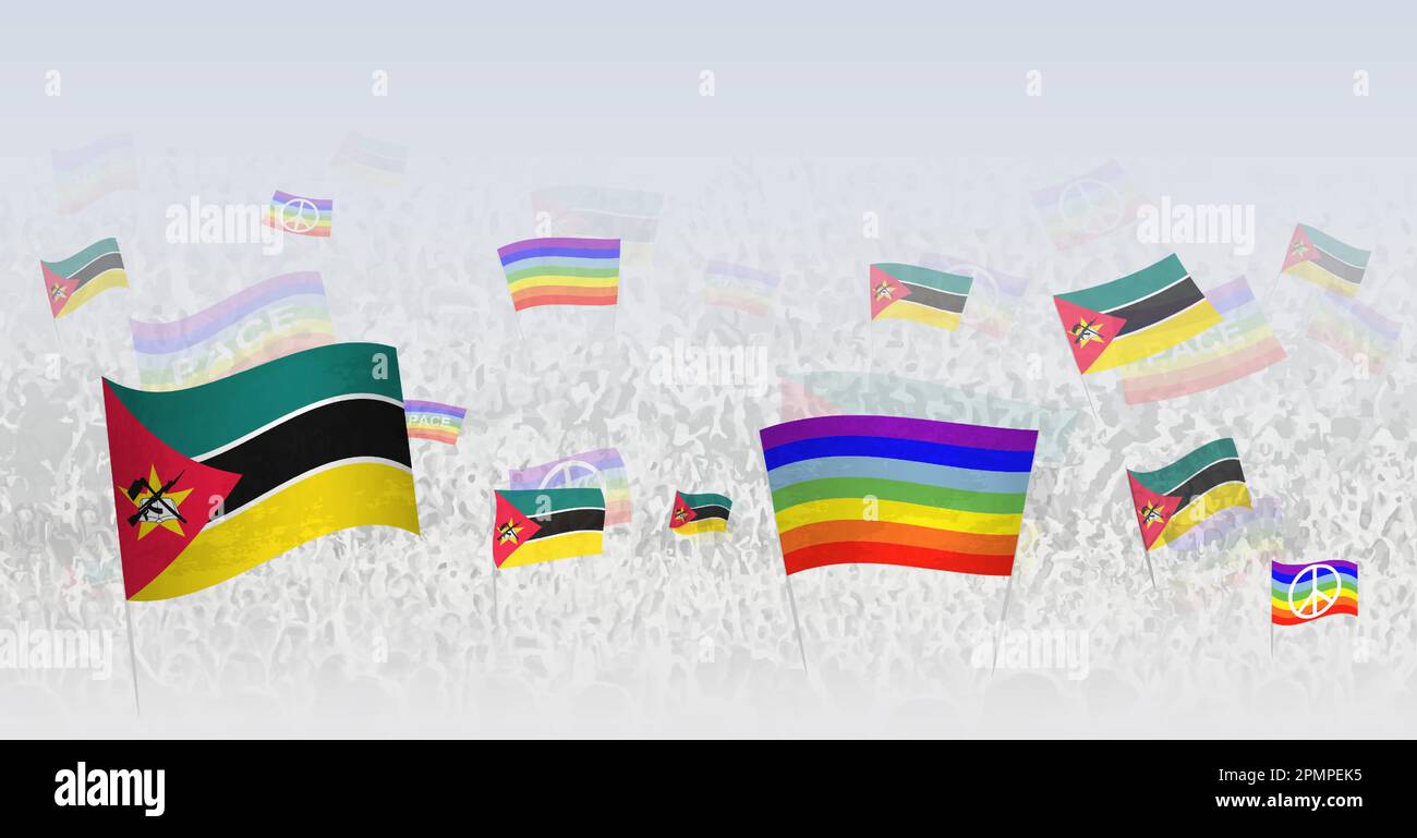 People waving Peace flags and flags of Mozambique. Illustration of throng celebrating or protesting with flag of Mozambique and the peace flag. Vector Stock Vector
