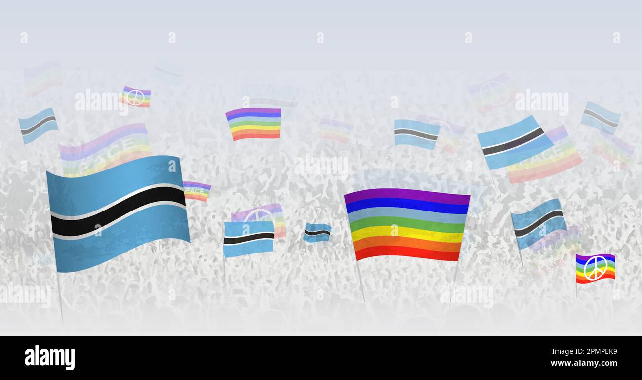 People waving Peace flags and flags of Botswana. Illustration of throng celebrating or protesting with flag of Botswana and the peace flag. Vector ill Stock Vector