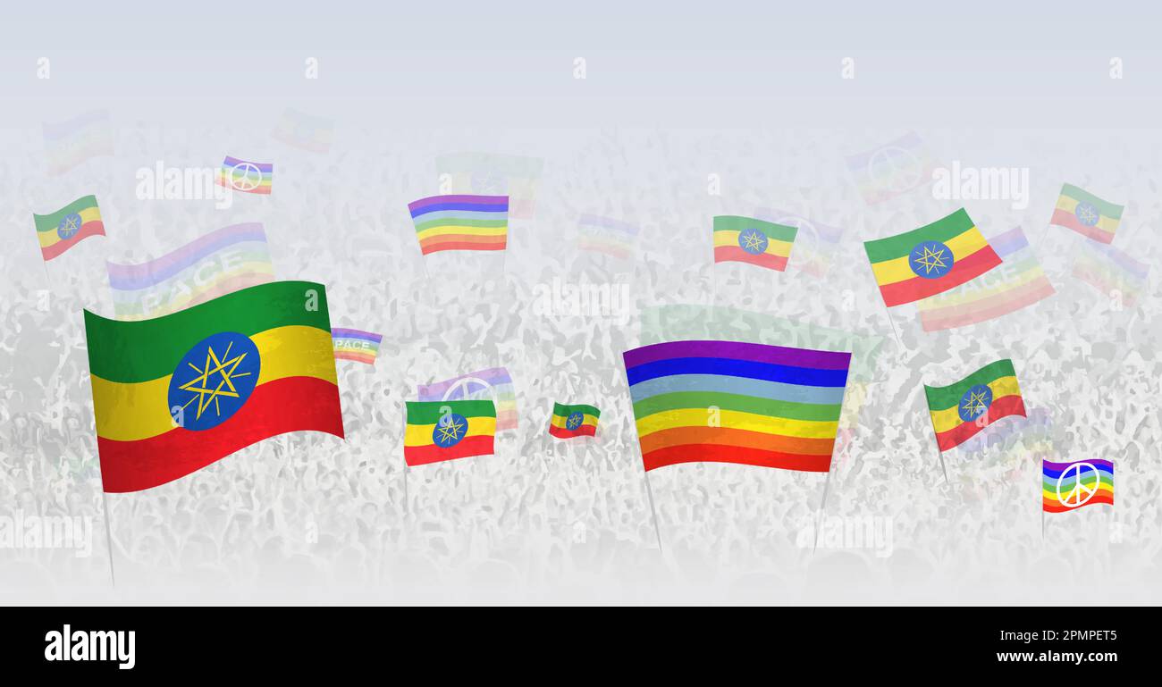 People waving Peace flags and flags of Ethiopia. Illustration of throng celebrating or protesting with flag of Ethiopia and the peace flag. Vector ill Stock Vector