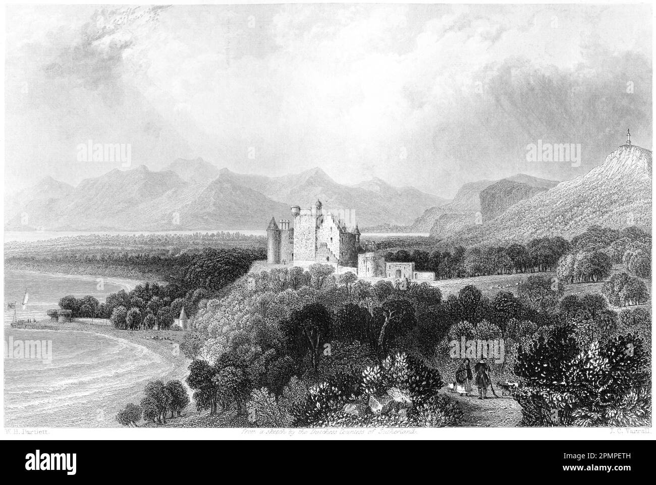 An engraving of Dunrobin Castle, Sutherlandshire, Scotland UK scanned at high resolution from a book printed in 1840. Believed copyright free. Stock Photo