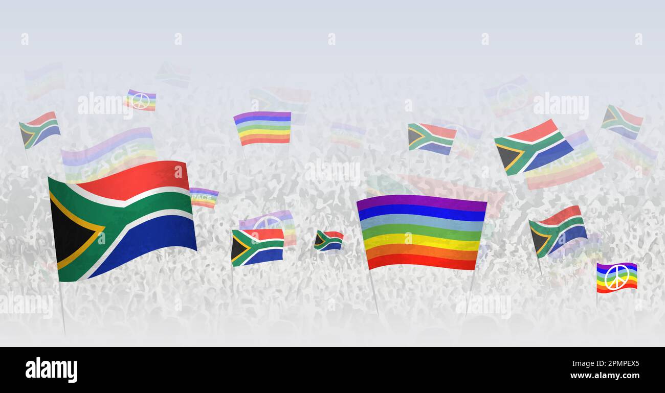 People waving Peace flags and flags of South Africa. Illustration of throng celebrating or protesting with flag of South Africa and the peace flag. Ve Stock Vector