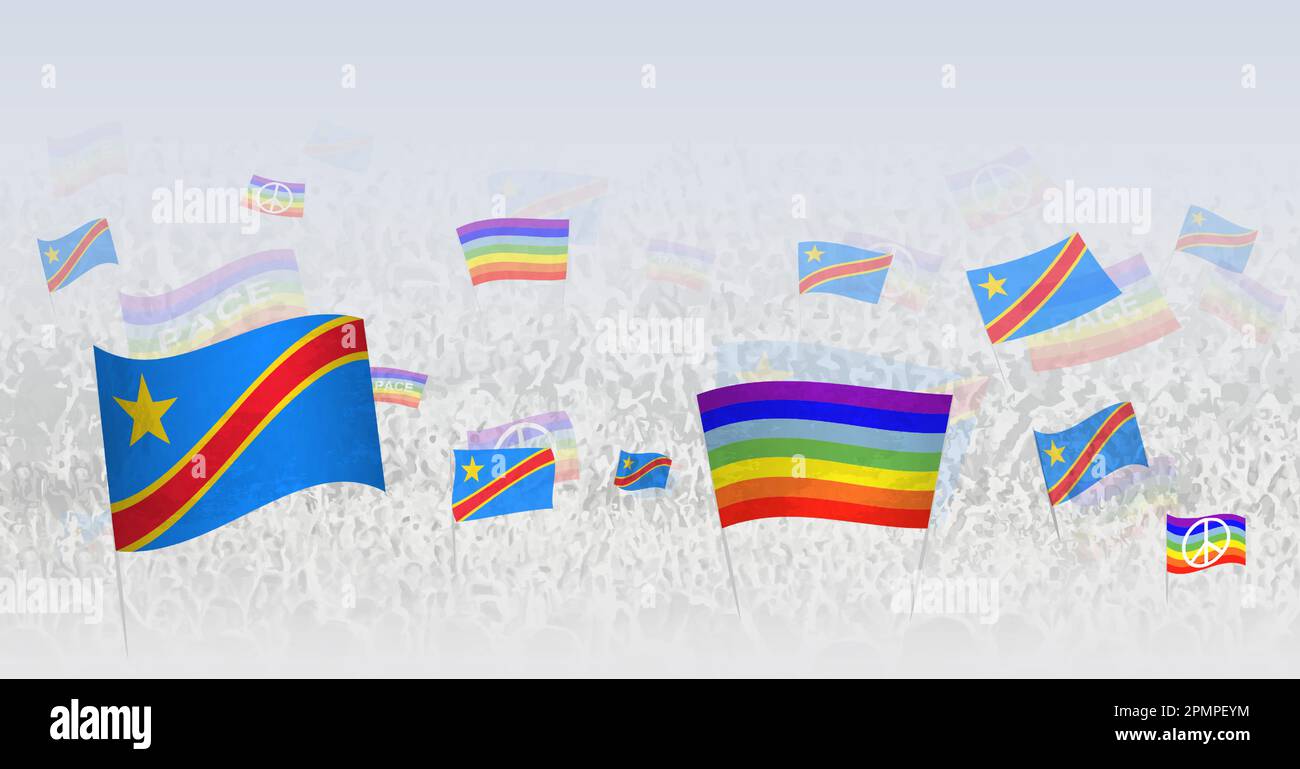 People waving Peace flags and flags of DR Congo. Illustration of throng celebrating or protesting with flag of DR Congo and the peace flag. Vector ill Stock Vector