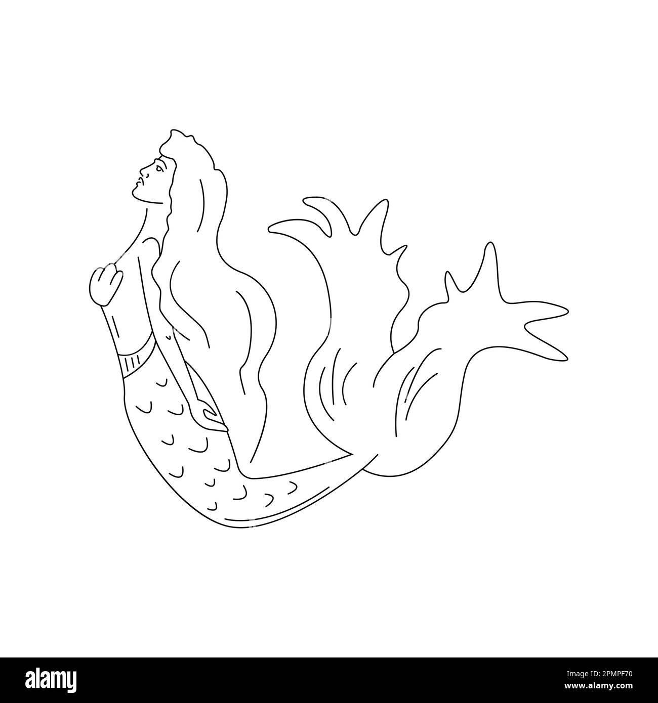 Cute cartoon mermaid. Isolated vector illustration in linear style. Simple clipart. Design element. Sea life and travel. Mysterious fairy-tale Stock Vector