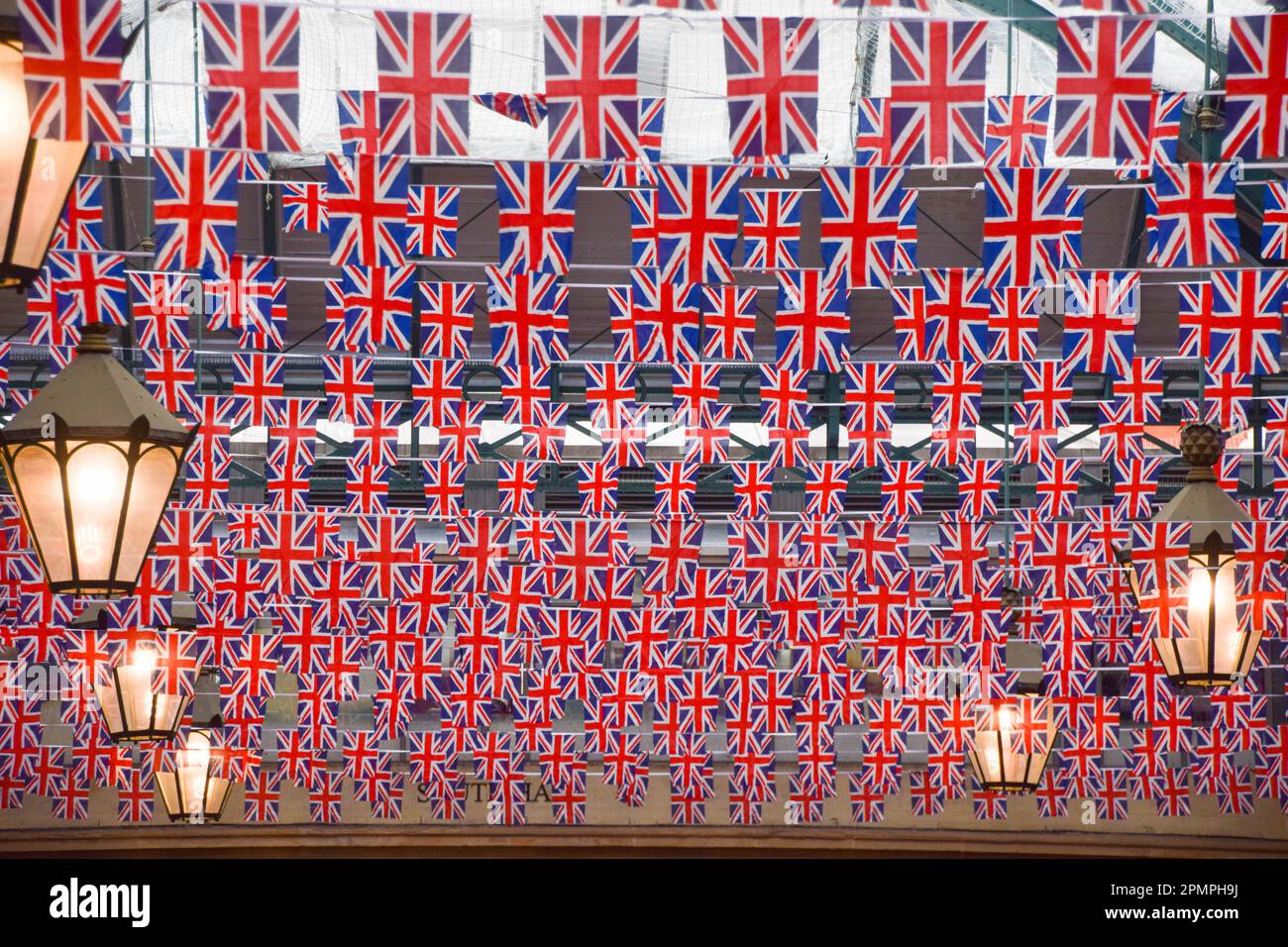 London, UK. 14th Apr, 2023. Thousands of Union Jacks decorate Covent