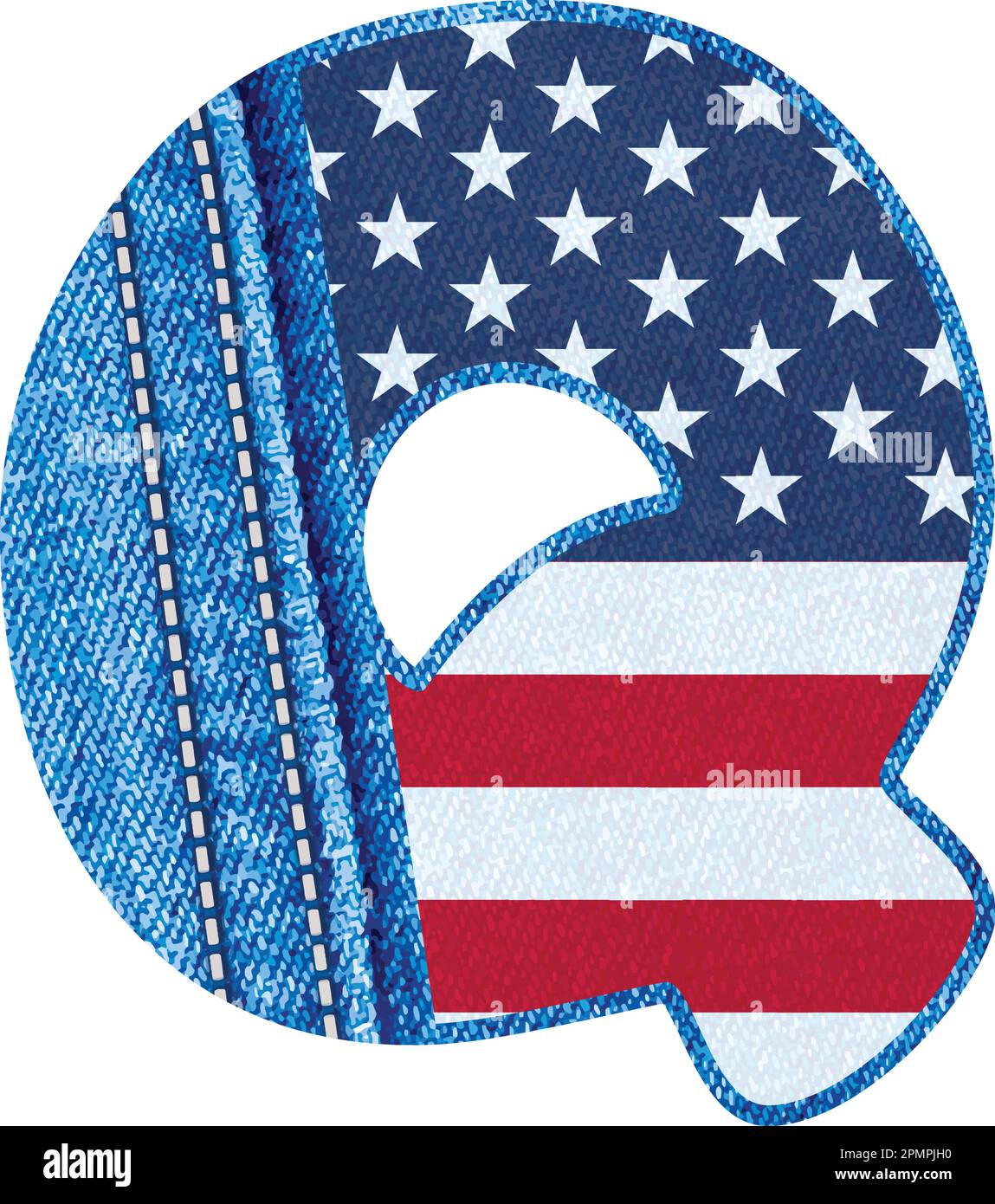 The Vector letter Q with the texture of blue jean fabric and US flag - The Monogram Q with denim fabric and American flag- jean alphabet Stock Vector