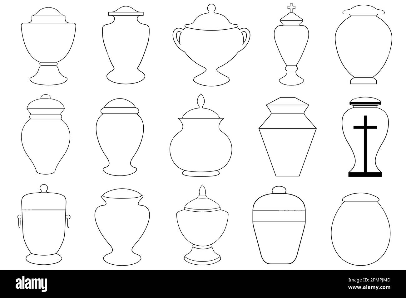 Illustration of different funeral cremation urns isolated on white
