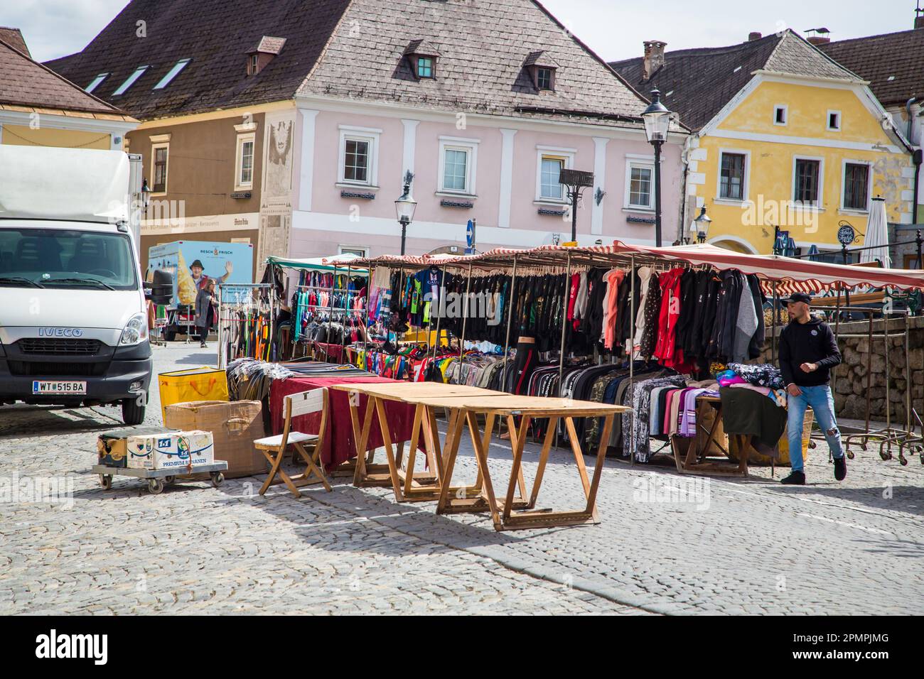 Market stalls at the townhall square Weitra, Waldviertel, Austria Stock Photo