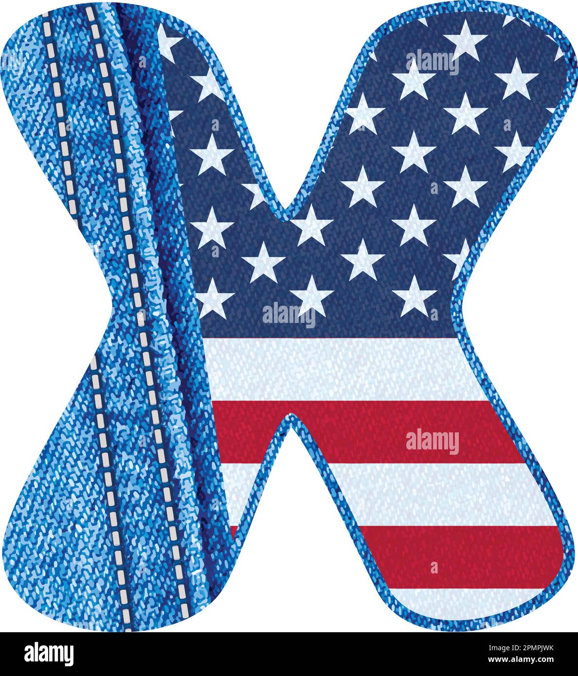 The Vector letter X with the texture of blue jean fabric and US flag - The Monogram X with denim fabric and American flag- jean alphabet X Stock Vector