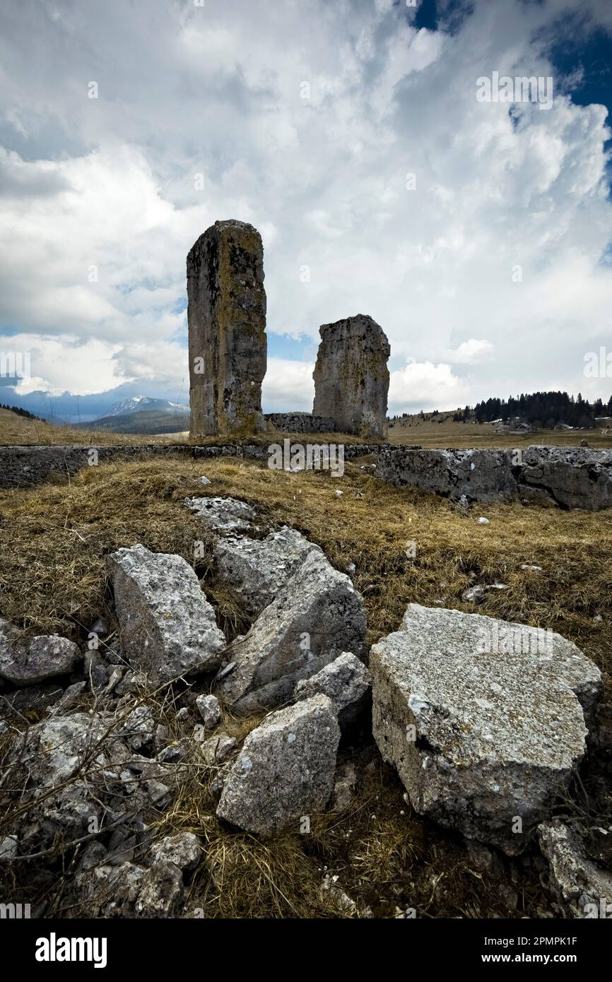 Vezzena Pass: ruins of the cableway station built by the Austro-Hungarian army during the Great War. Levico Terme, Trentino, Italy. Stock Photo