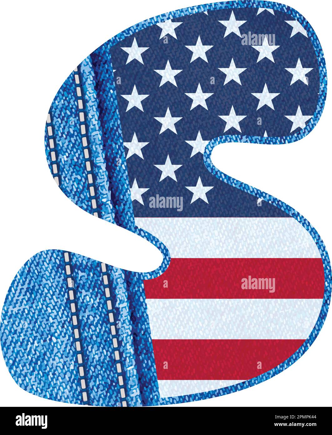 Letter S- The Vector initial S with texture of blue jean fabric and US flag - The Monogram S with denim fabric and American flag- jean alphabet Stock Vector