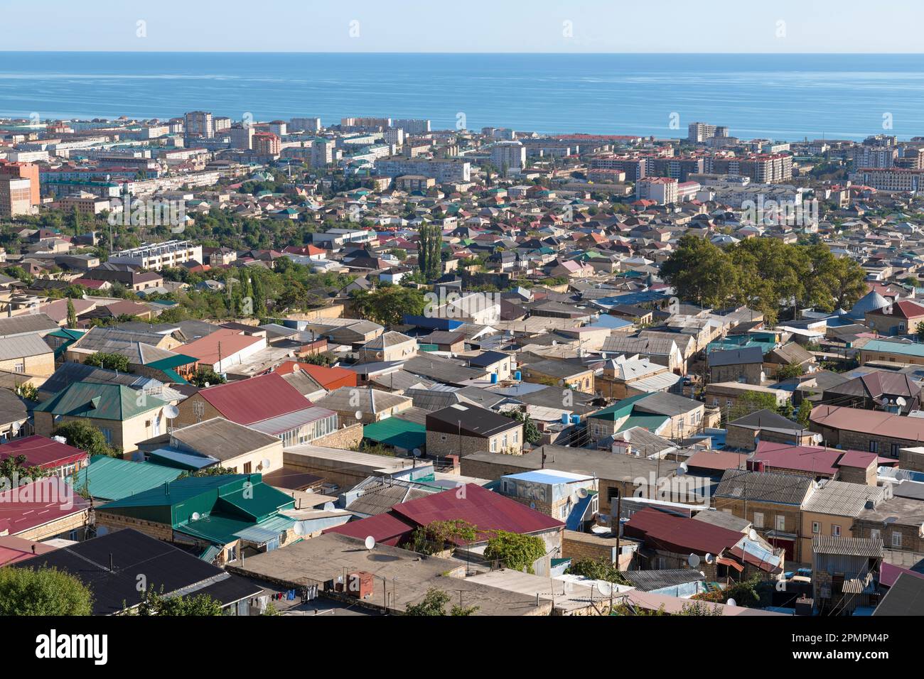 Top view of modern Derbent on a sunny September day. Dagestan, Russian Federation Stock Photo