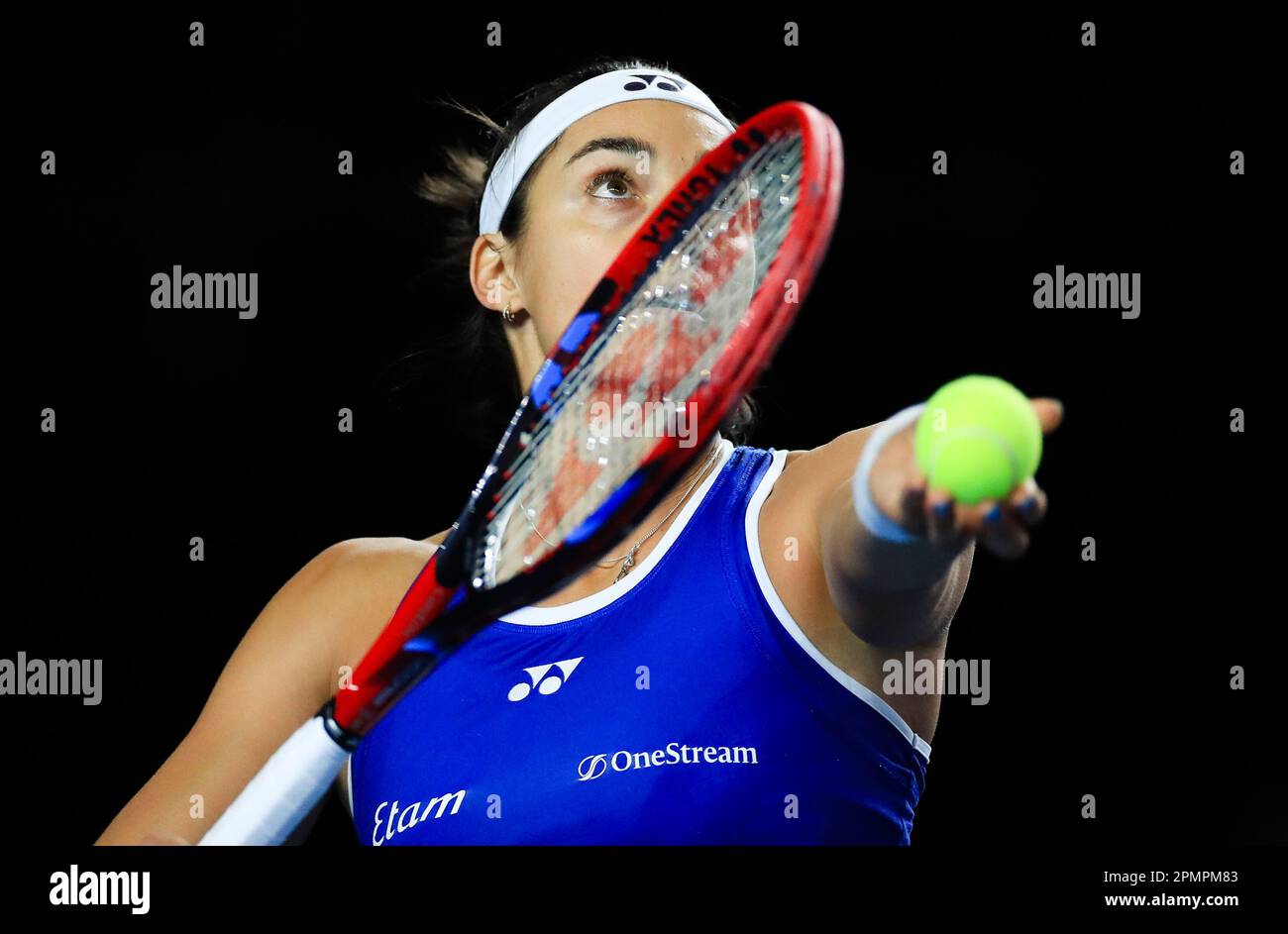 France's Caroline Garcia in action during the Billie Jean King Cup qualifying match between Great Britain and France at the Coventry Building Society Arena, Coventry. Picture date: Friday April 14, 2023. Stock Photo