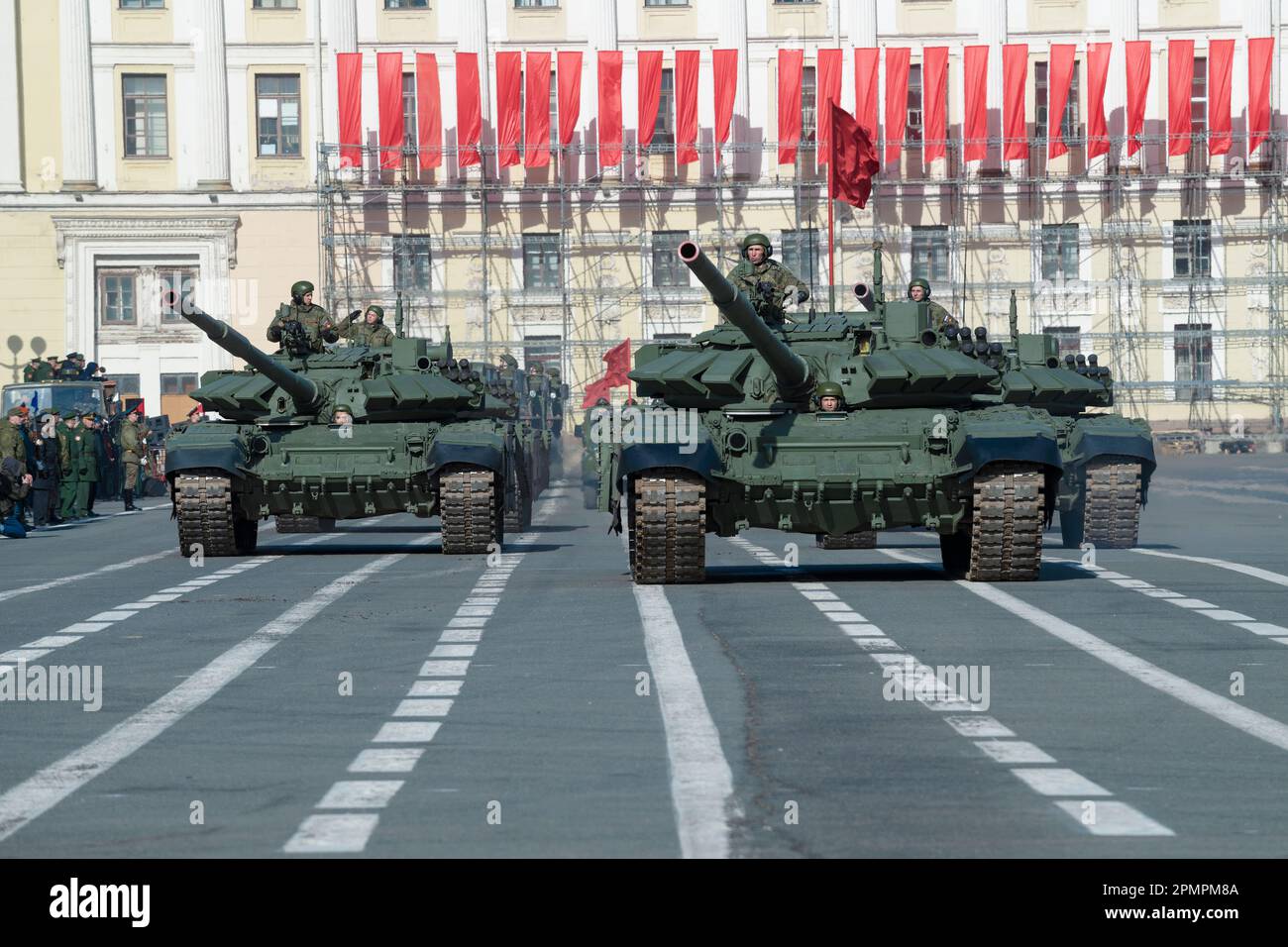 ST. PETERSBURG, RUSSIA - APRIL 28, 2022: Russian T-72B3 tanks at the rehearsal of the military parade in honor of Victory Day on a sunny April day. Pa Stock Photo