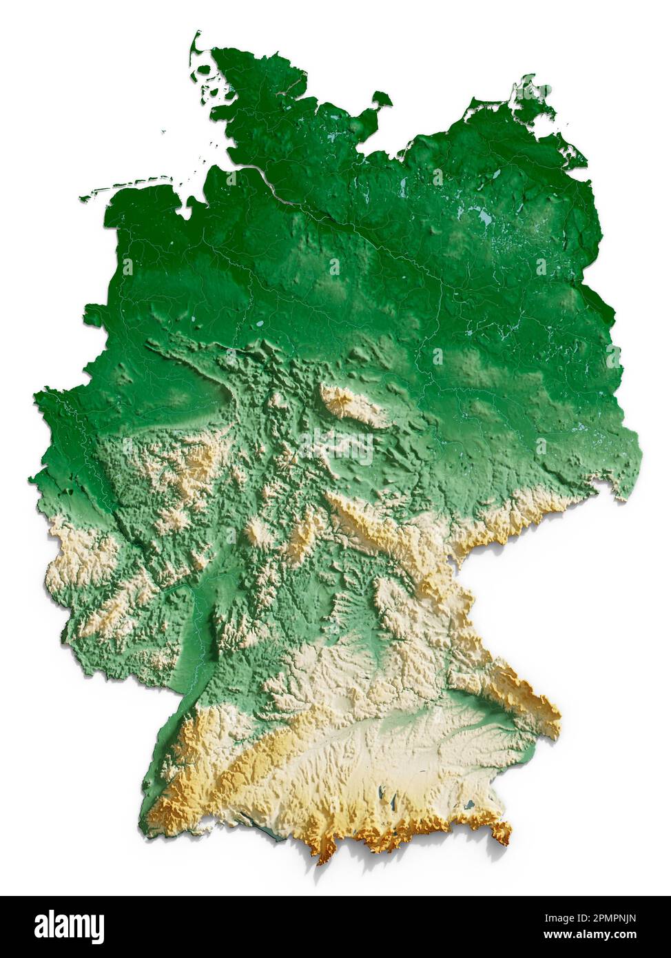 Germany. Detailed 3D rendering of a shaded relief map with rivers and lakes. Colored by