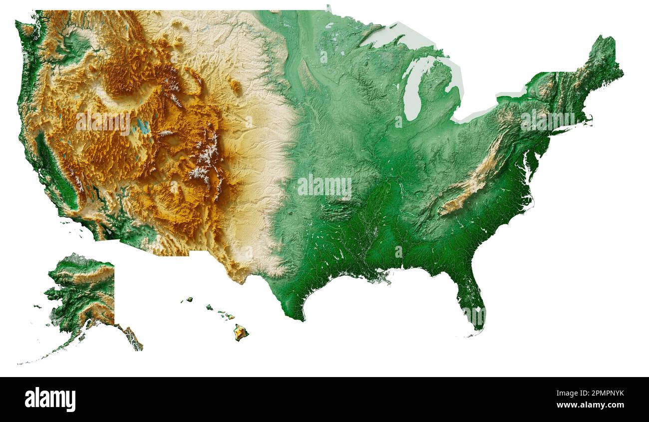 United States of America. Detailed 3D rendering of a shaded relief map with rivers and lakes. Colored by elevation. Created with satellite data. Stock Photo