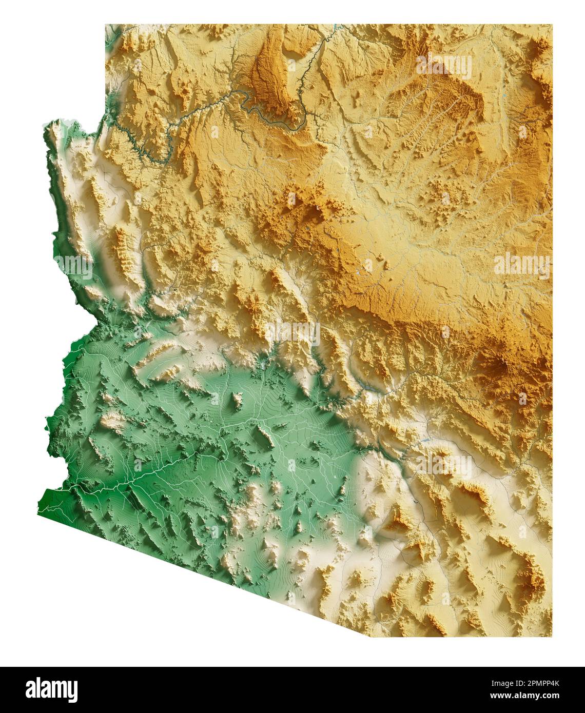 The US state of Arizona. Highly detailed 3D rendering of shaded relief map with rivers and lakes. Colored by elevation. Created with satellite data. Stock Photo