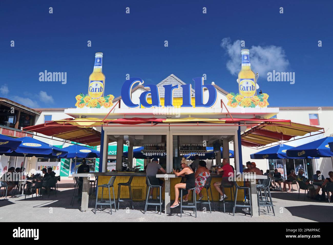Portside bar selling Carib beer, Philipsberg, St Maarten Stock Photo Alamy