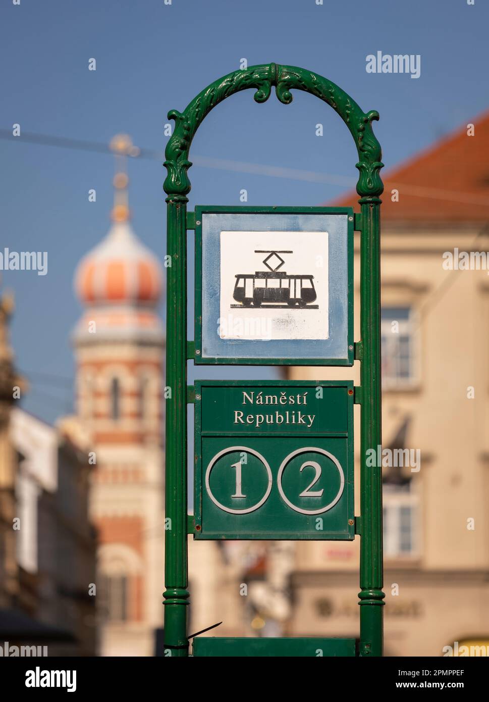 PILSEN, CZECH REPUBLIC, EUROPE - Streetcar sign in Main Square. Namesti Republiky. Stock Photo