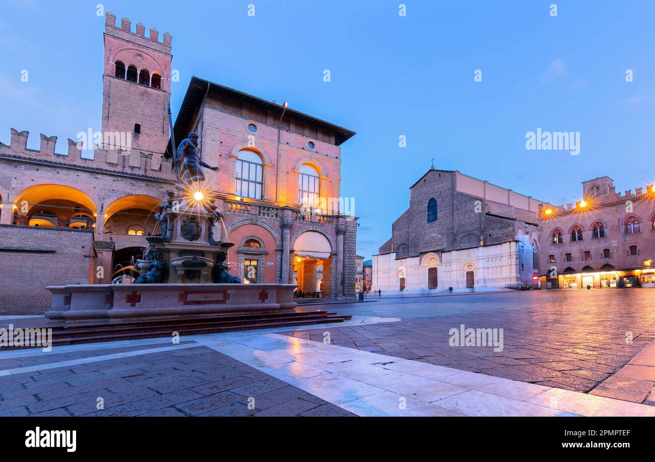 Bologna, Italy. Piazza del Nettuno and Piazza Maggiore in Bologna