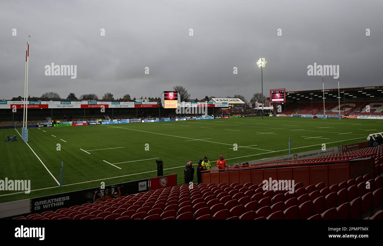 Kingsholm Stadium, Gloucester, Gloucestershire, UK. 14th Apr, 2023. Gallagher Premiership Rugby, Gloucester versus Bath; view of Kingsholm Stadium pitch under floodlights on an overcast evening Credit: Action Plus Sports/Alamy Live News Stock Photo