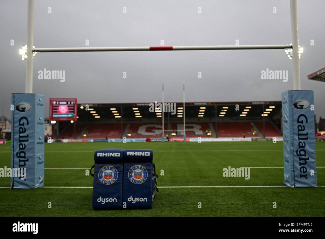 Kingsholm Stadium, Gloucester, Gloucestershire, UK. 14th Apr, 2023. Gallagher Premiership Rugby, Gloucester versus Bath; Bath tackle bags beneath the posts at Kingsholm Stadium on an overcast evening Credit: Action Plus Sports/Alamy Live News Stock Photo