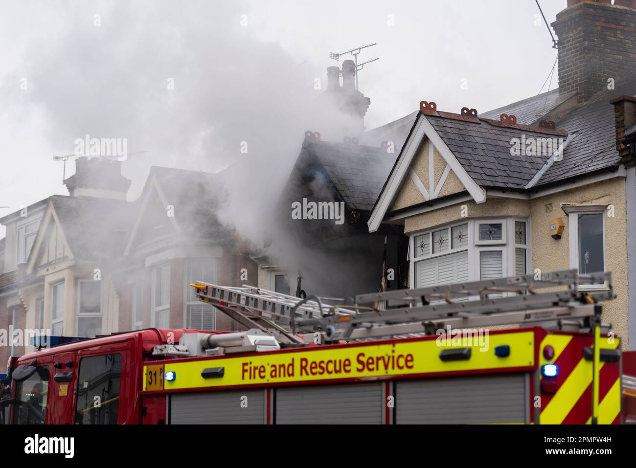 Westborough Road, Westcliff on Sea, Essex, UK. 14th Apr, 2023. Three fire appliances from Essex County Fire & Rescue Service are on scene for a house fire where much of the upper floor flat has burnt out. Fire fighters using breathing apparatus have entered the property. Stock Photo