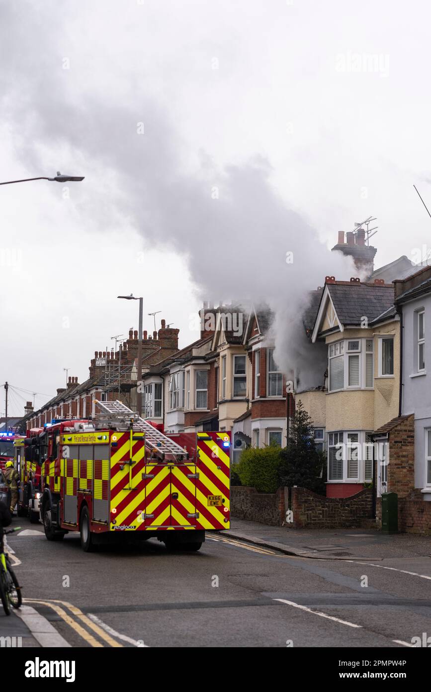 Westborough Road, Westcliff on Sea, Essex, UK. 14th Apr, 2023. Three fire appliances from Essex County Fire & Rescue Service are on scene for a house fire where much of the upper floor flat has burnt out. Fire fighters using breathing apparatus have entered the property. Stock Photo