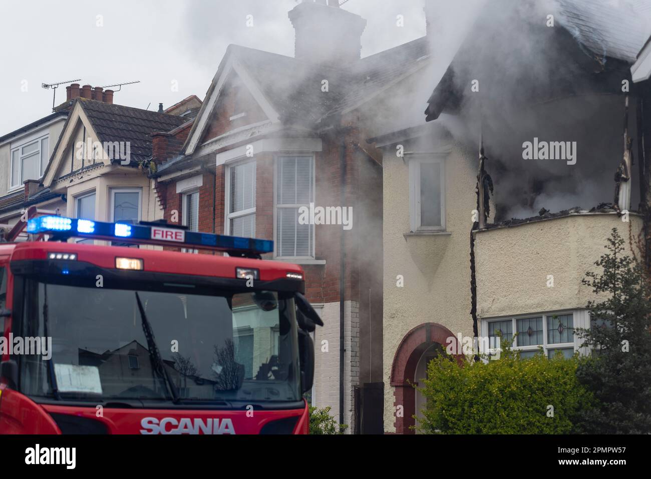 Westborough Road, Westcliff on Sea, Essex, UK. 14th Apr, 2023. Three fire appliances from Essex County Fire & Rescue Service are on scene for a house fire where much of the upper floor flat has burnt out. Fire fighters using breathing apparatus have entered the property. Stock Photo