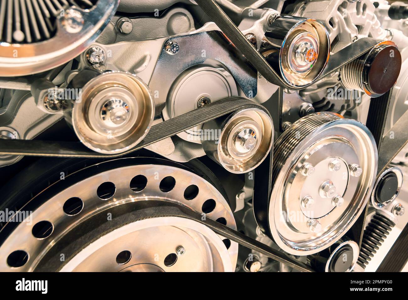 pulley belts car engine background Stock Photo