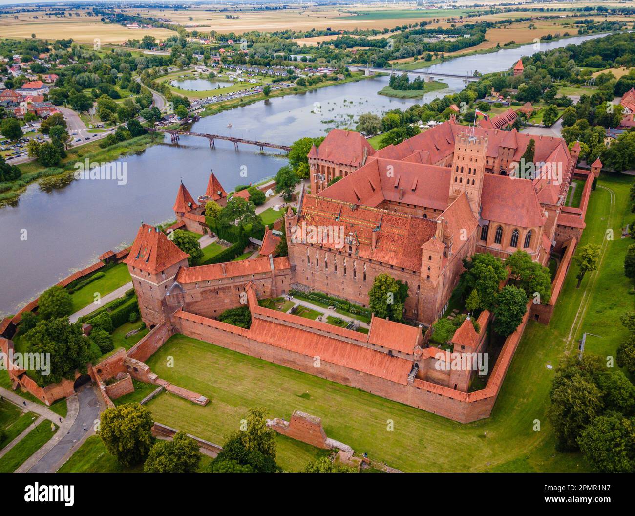 Aerial view of Malbork Teutonic order castle in Poland. It is the largest castle in the world measured by land area and a UNESCO World Heritage Site Stock Photo