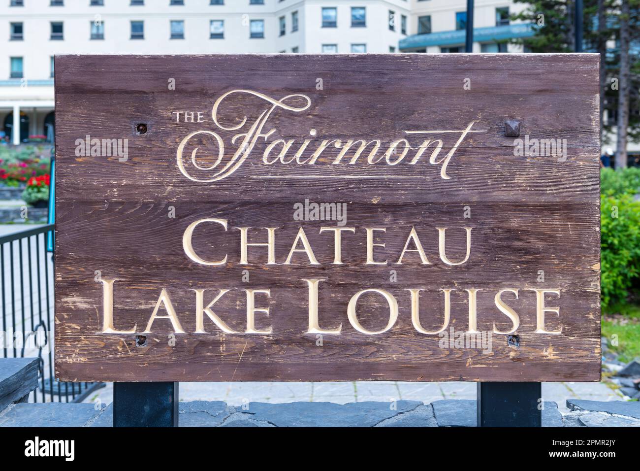 Entrance sign of the Chateau Lake Louise hotel by Lake Louise, Banff, Canada. Stock Photo