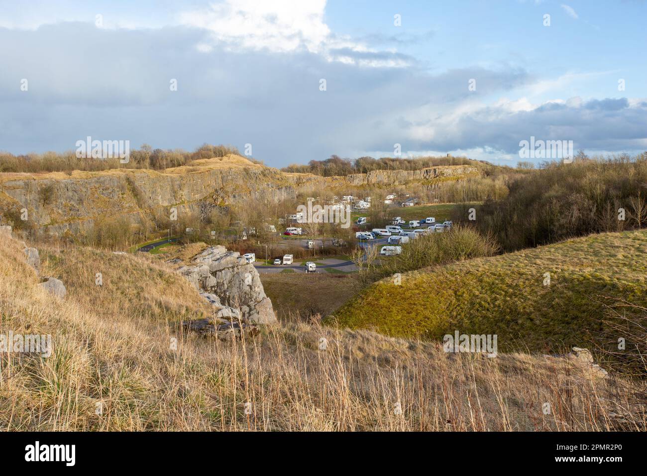 The caravan and motorhome club campsite at grin Low above the Derbyshire spa town of Buxton situated in an old quarry Stock Photo