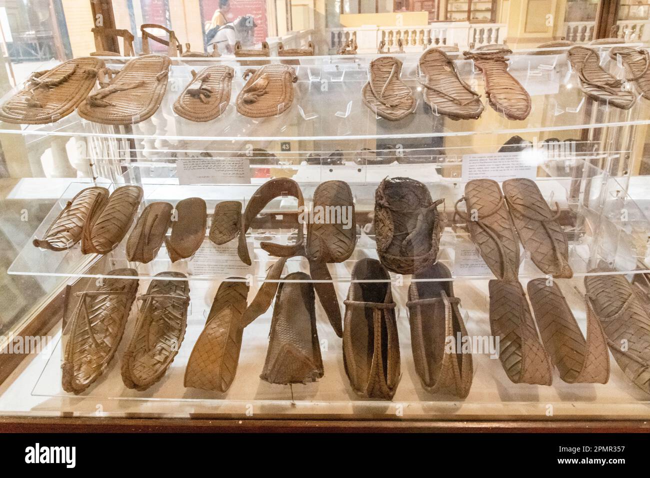 A display of old Egyptian footwear shoes and sandals at the Museum of