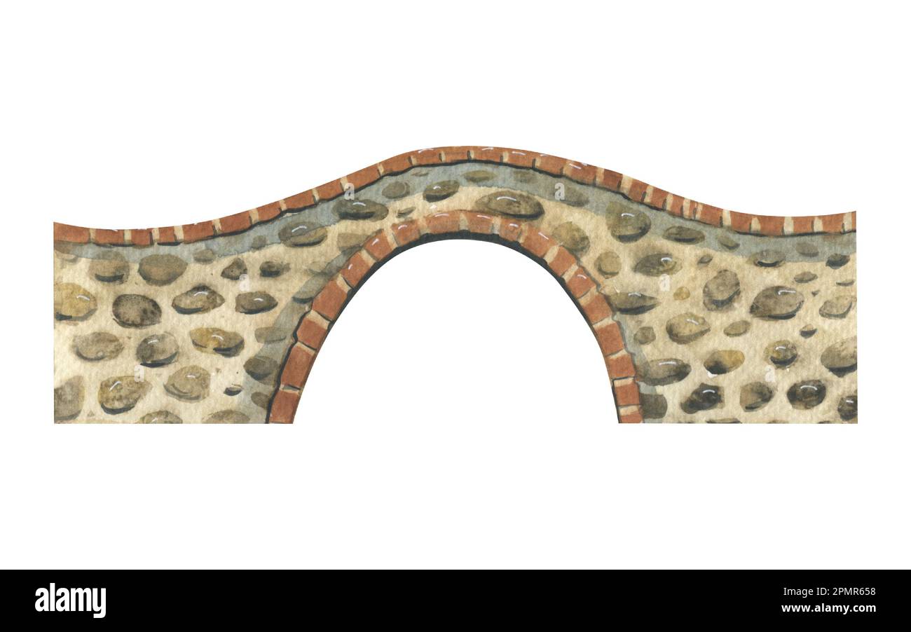 Ancient stone bridge brown with three arches. Watercolor illustration, hand drawn. Isolated object on a white background. For decoration and design of Stock Photo
