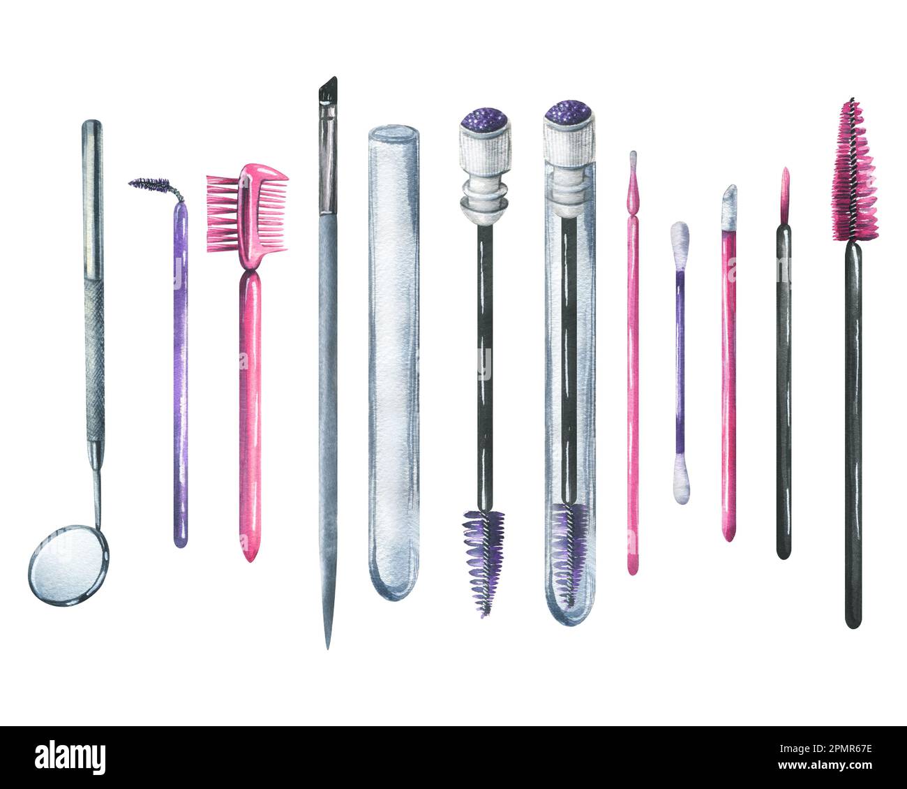 Various brushes, combs, applicators, a mirror, a cotton swab for makeup