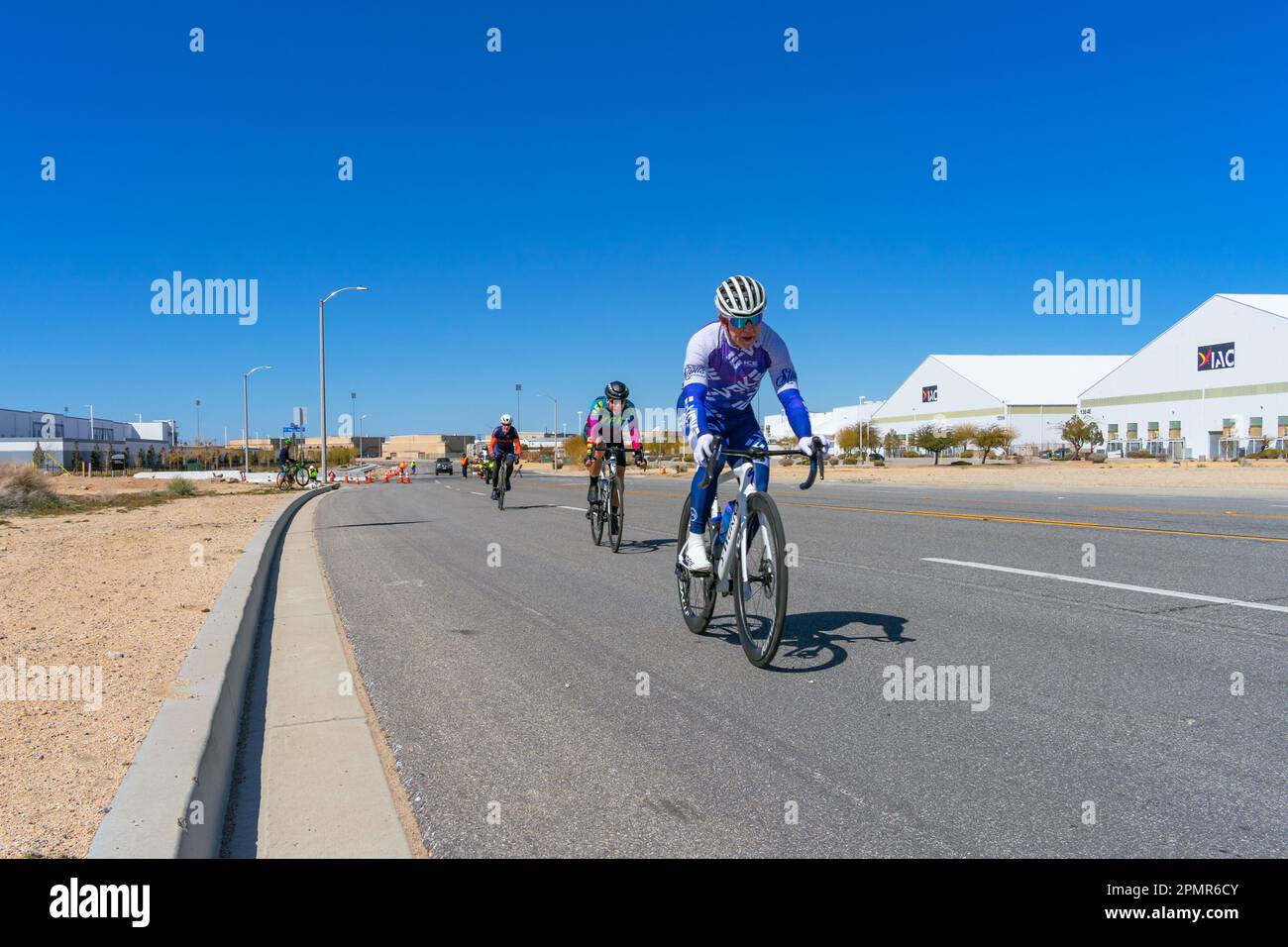 Victorville, CA, USA – March 25, 2023: Men’s senior cycling road race in the Majestic Cycling event held in Victorville, California. Stock Photo