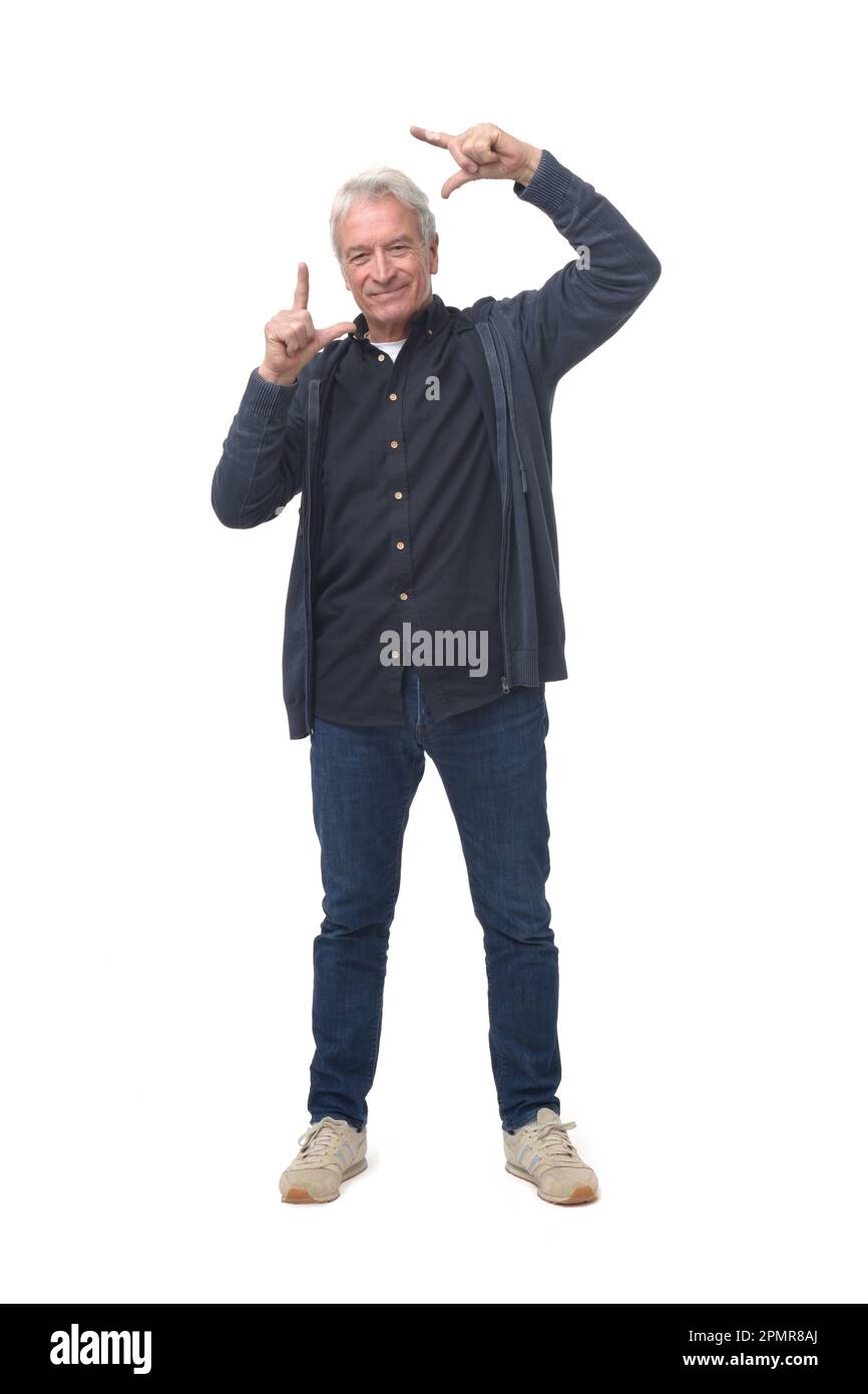 front view of a man framing with his hands on white background Stock Photo