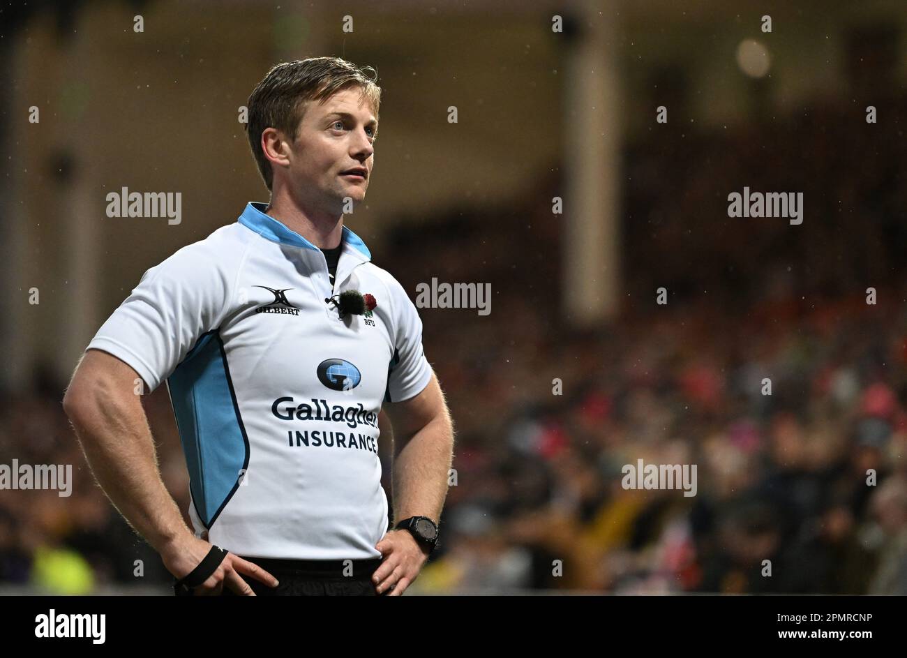 Kingsholm Stadium, Gloucester, Gloucestershire, UK. 14th Apr, 2023. Gallagher Premiership Rugby, Gloucester versus Bath; Referee Christophe Ridley watches a replay before giving a yellow card to Lewis Ludlow of Gloucester Credit: Action Plus Sports/Alamy Live News Stock Photo