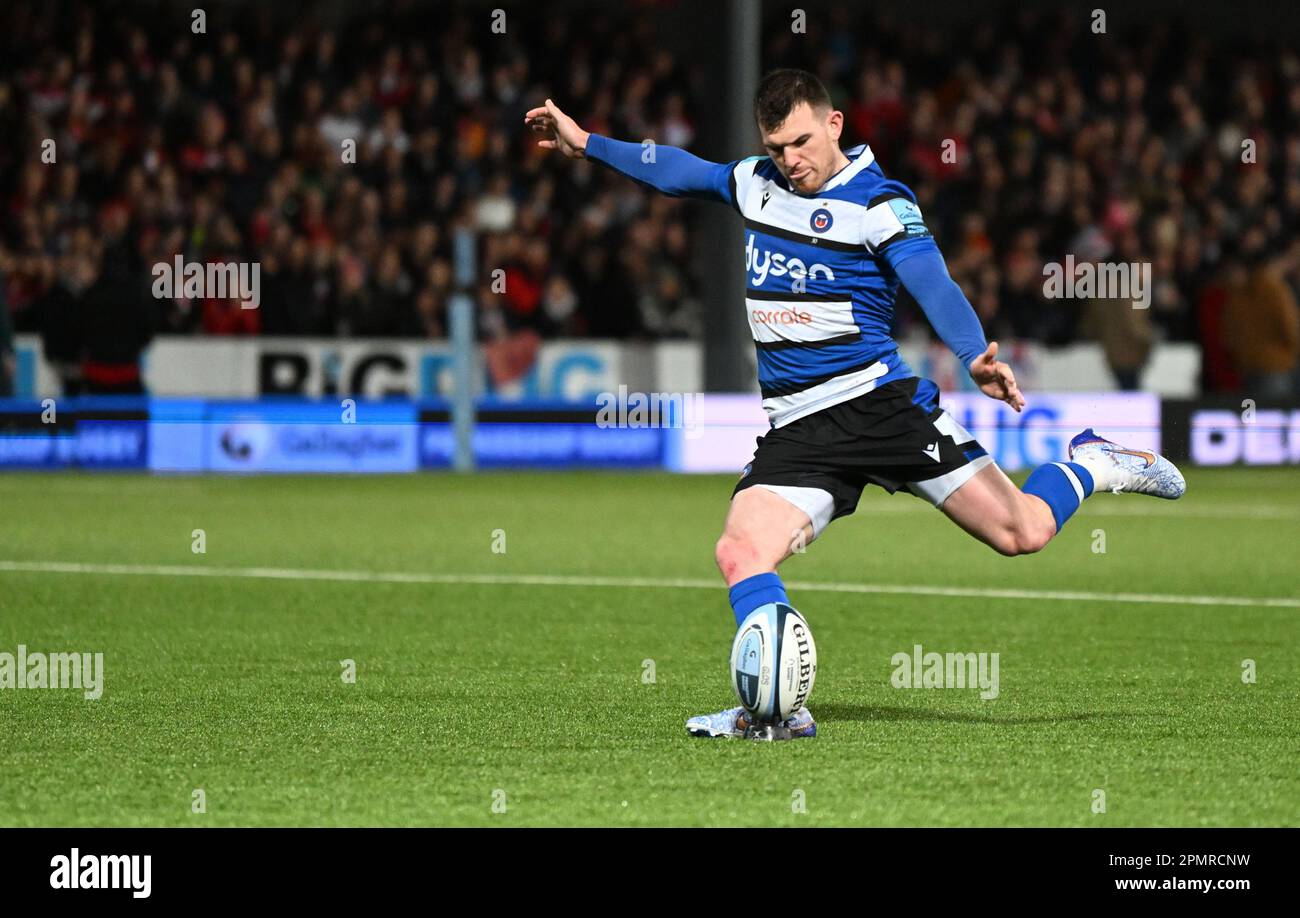Kingsholm Stadium, Gloucester, Gloucestershire, UK. 14th Apr, 2023. Gallagher Premiership Rugby, Gloucester versus Bath; Ben Spencer of Bath kicks a conversion in 39th minute bringing the score to 17-14 Credit: Action Plus Sports/Alamy Live News Stock Photo