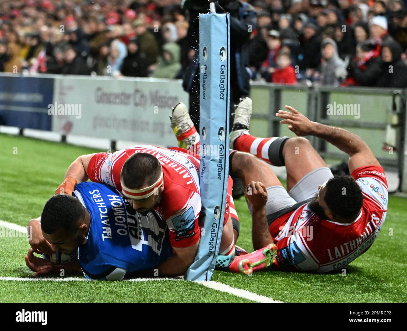 Kingsholm Stadium, Gloucester, Gloucestershire, UK. 14th Apr, 2023. Gallagher Premiership Rugby, Gloucester versus Bath; Lewis Ludlow of Gloucester tackles Max Ojomoh of Bath illegally around the neck resulting in a yellow card to Lewis Ludlow and penalty try to Bath Credit: Action Plus Sports/Alamy Live News Stock Photo