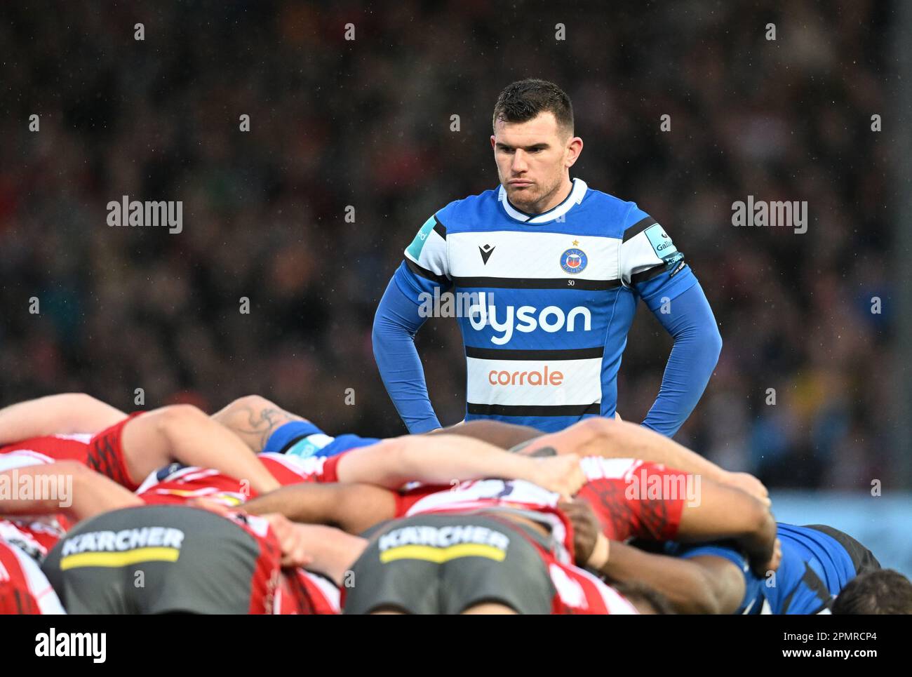 Kingsholm Stadium, Gloucester, Gloucestershire, UK. 14th Apr, 2023. Gallagher Premiership Rugby, Gloucester versus Bath; Ben Spencer of Bath watches a scrum form Credit: Action Plus Sports/Alamy Live News Stock Photo