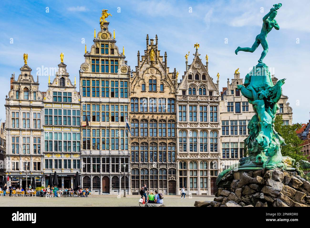 Guild houses in the Grote Markt with the Brabo Fountain. Guild Houses in Grote Markt, is a row of guild houses initially built around 1580. During the Stock Photo